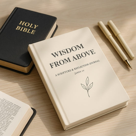 Book titled 'Wisdom from Above' on a wooden surface with a Bible and pens.