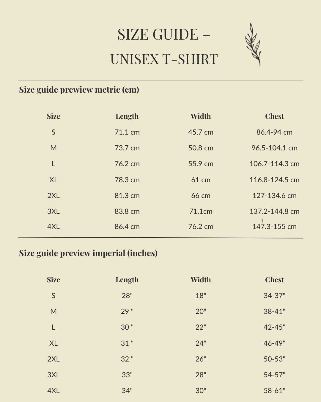 Holy Grace unisex t-shirt size chart.