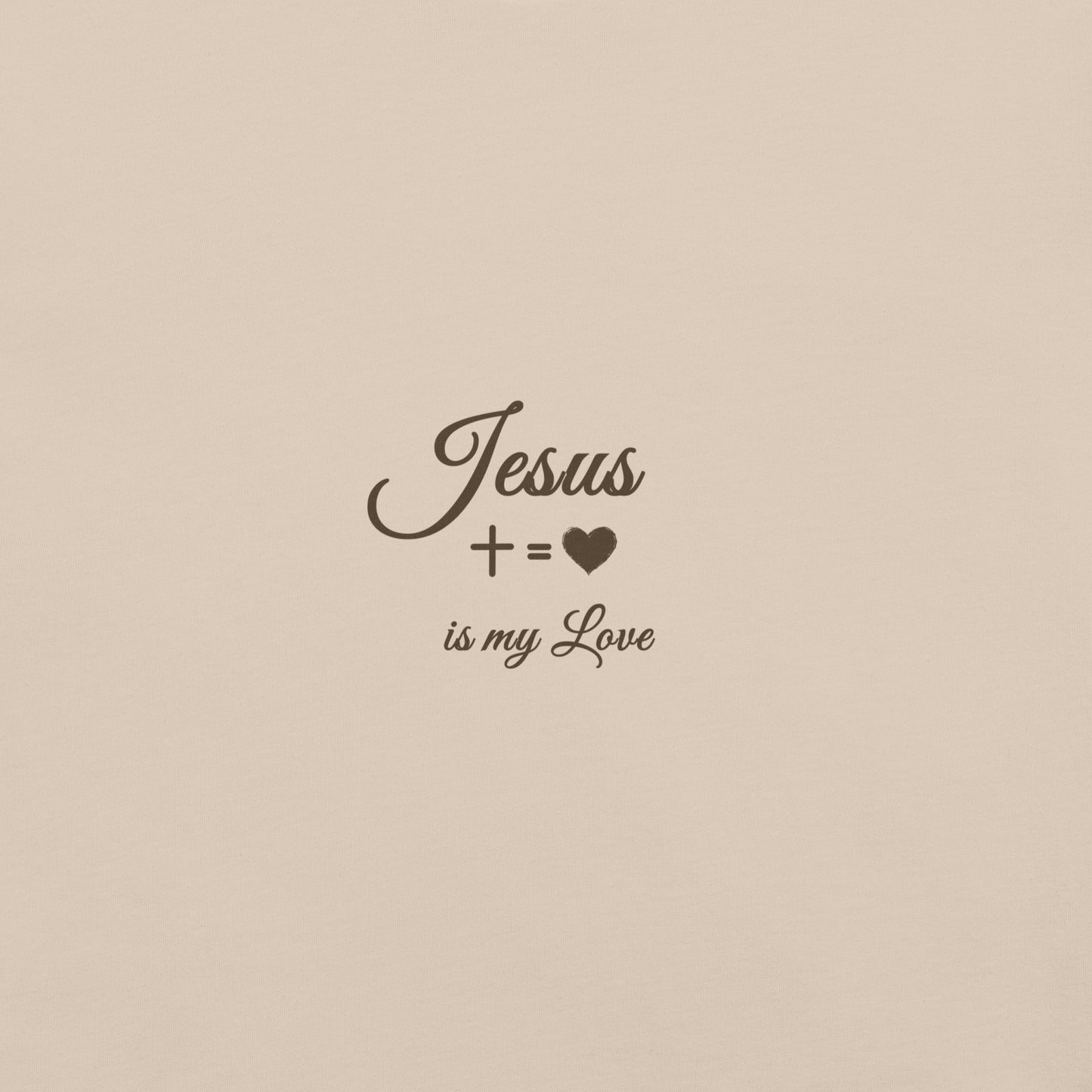 Flatlay of Pure Love beige tee, front with cross and text — Holy Grace