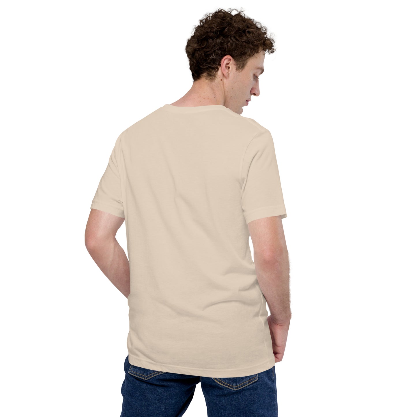 Back view of man wearing Pure Love tee with cross design — Holy Grace