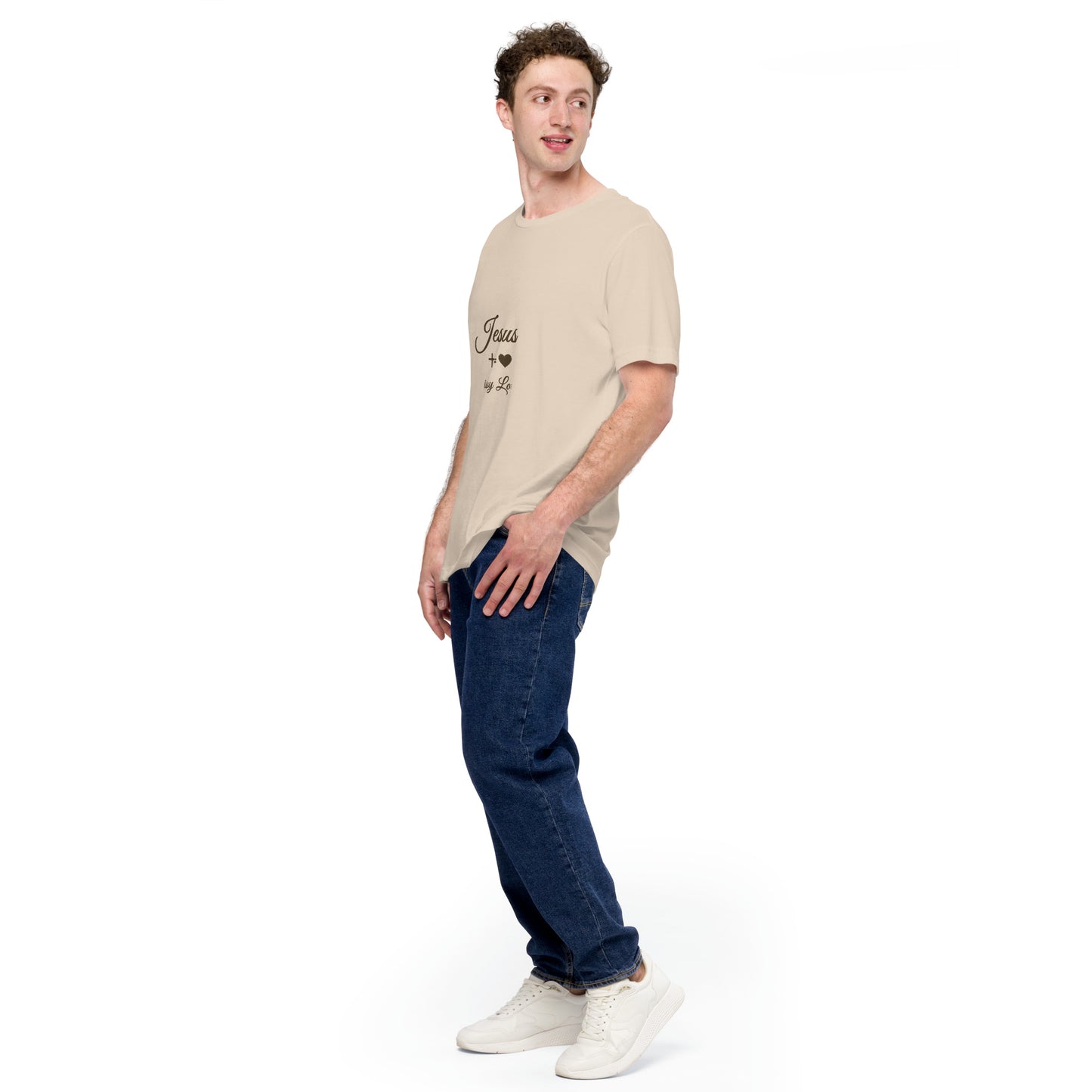 Side view of man modeling beige Pure Love tee — Holy Grace