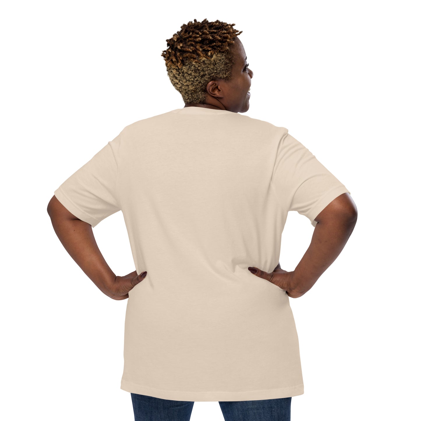 Curvy woman modeling beige Pure Love tee with cross print, studio back view — Holy Grace