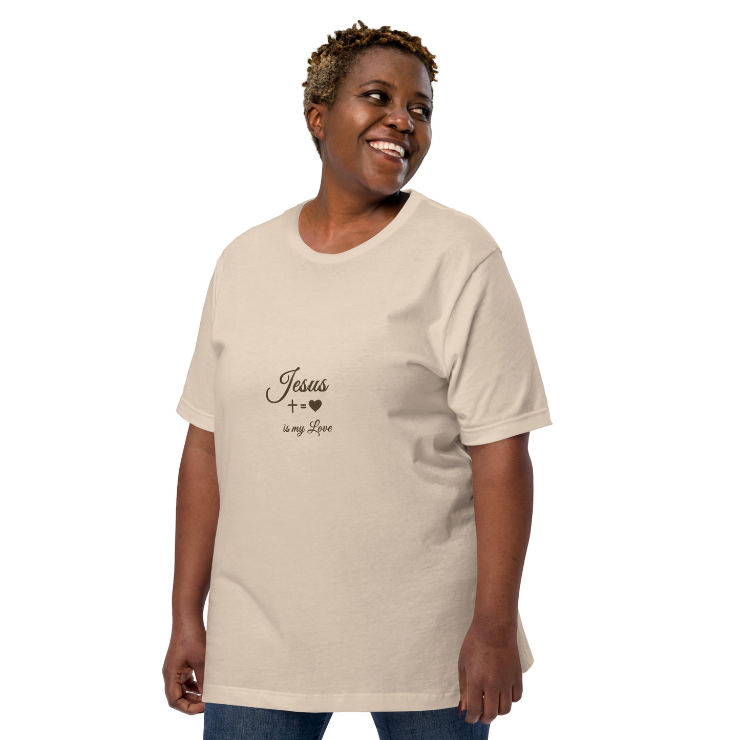 Curvy woman modeling beige Pure Love tee with cross print, studio front view — Holy Grace