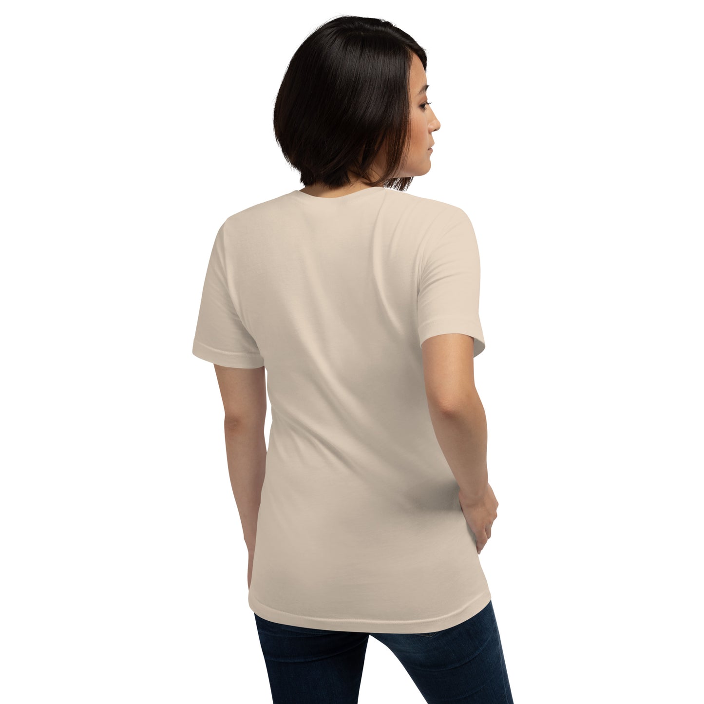 back view of woman wearing Pure Love beige tee with cross design — Holy Grace