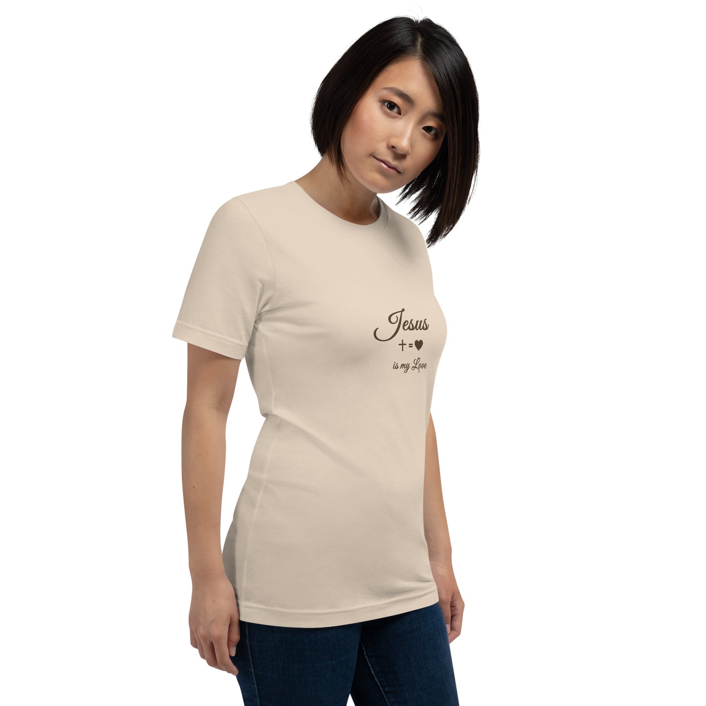 Woman wearing beige Pure Love tee, studio front view — Holy Grace