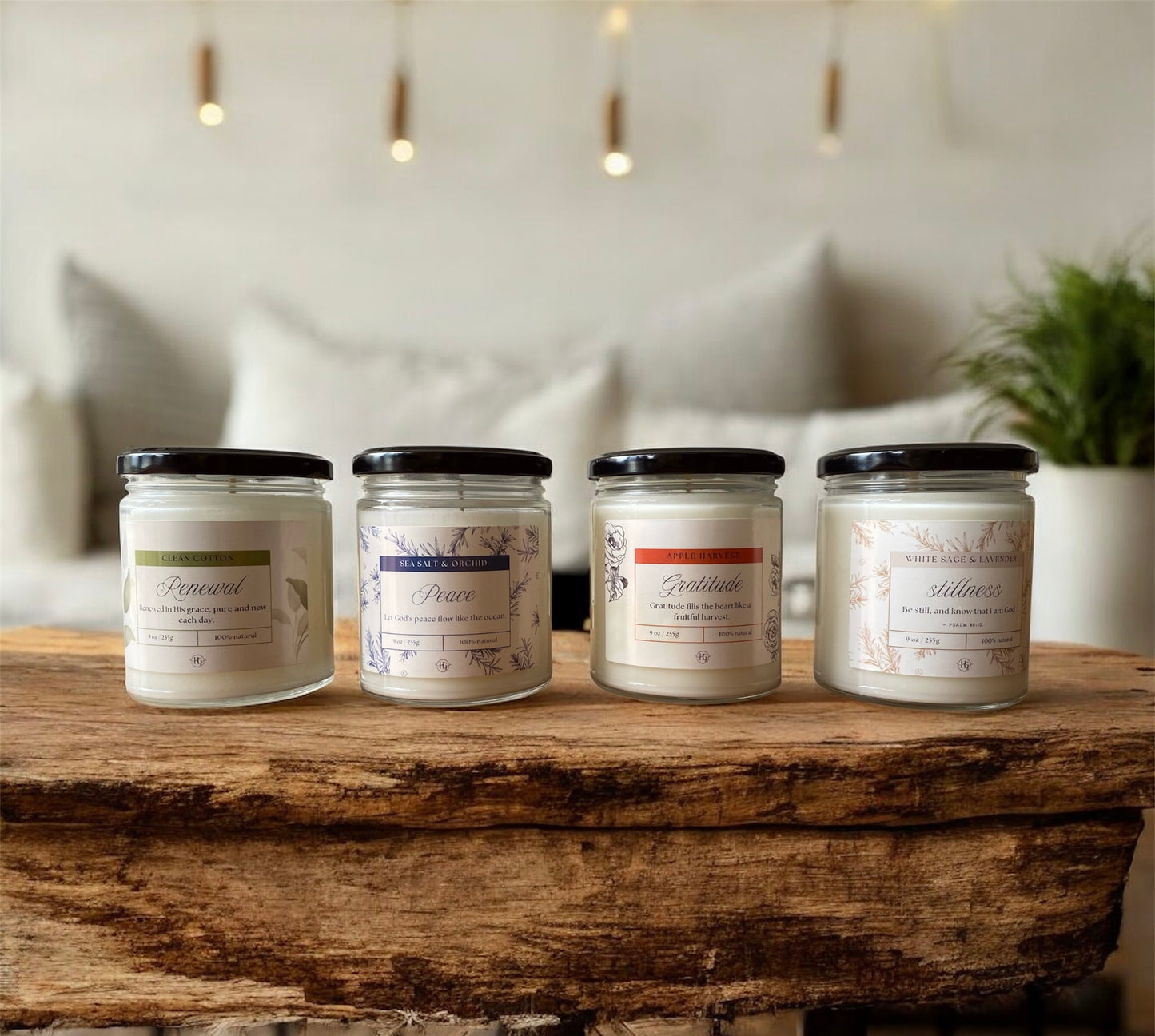 Set of Gratitude Apple Harvest candles on wooden shelf, part of the Holy Grace candle collection celebrating gratitude and faith.