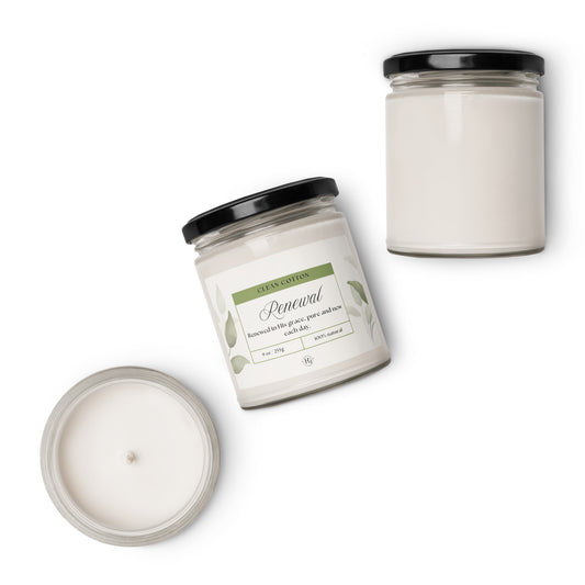 Set of Renewal Clean Cotton candles, one with lid and one open, fresh clean cotton scent by Holy Grace.