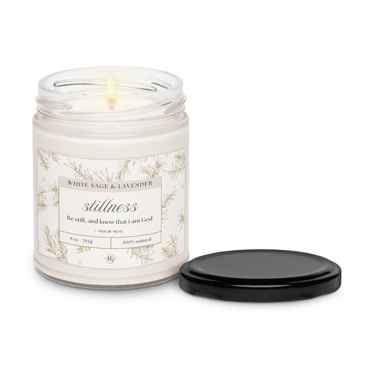 Stillness Candle – White Sage & Lavender with open lid, natural soy wax candle by Holy Grace