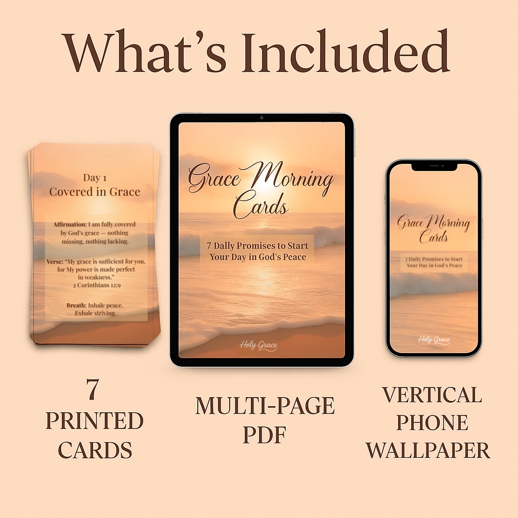 What’s Included — Grace Morning Cards digital bundle showing printable cards, art print sizes, and phone wallpapers with ocean background.