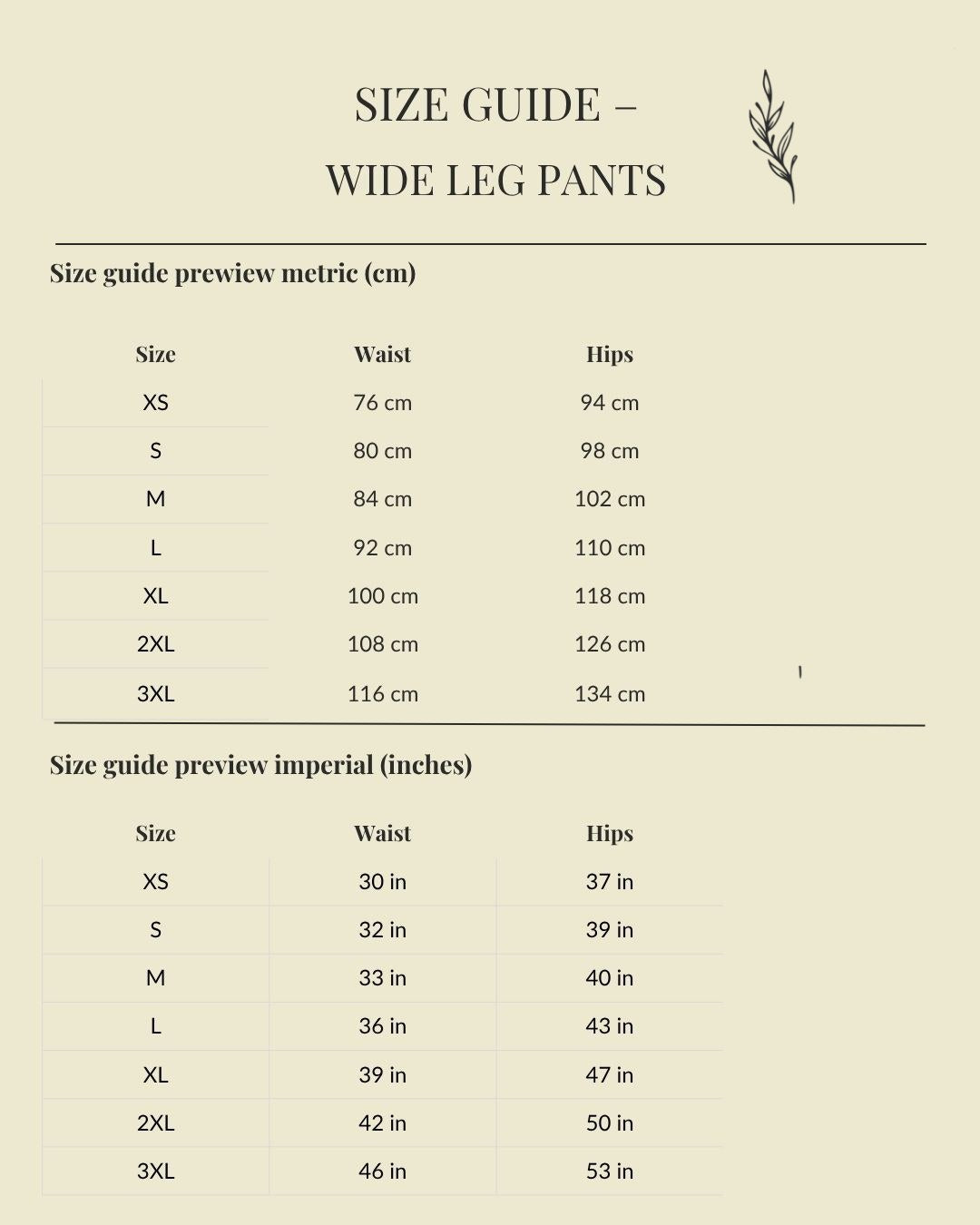 Size chart for Holy Grace wide-leg pants