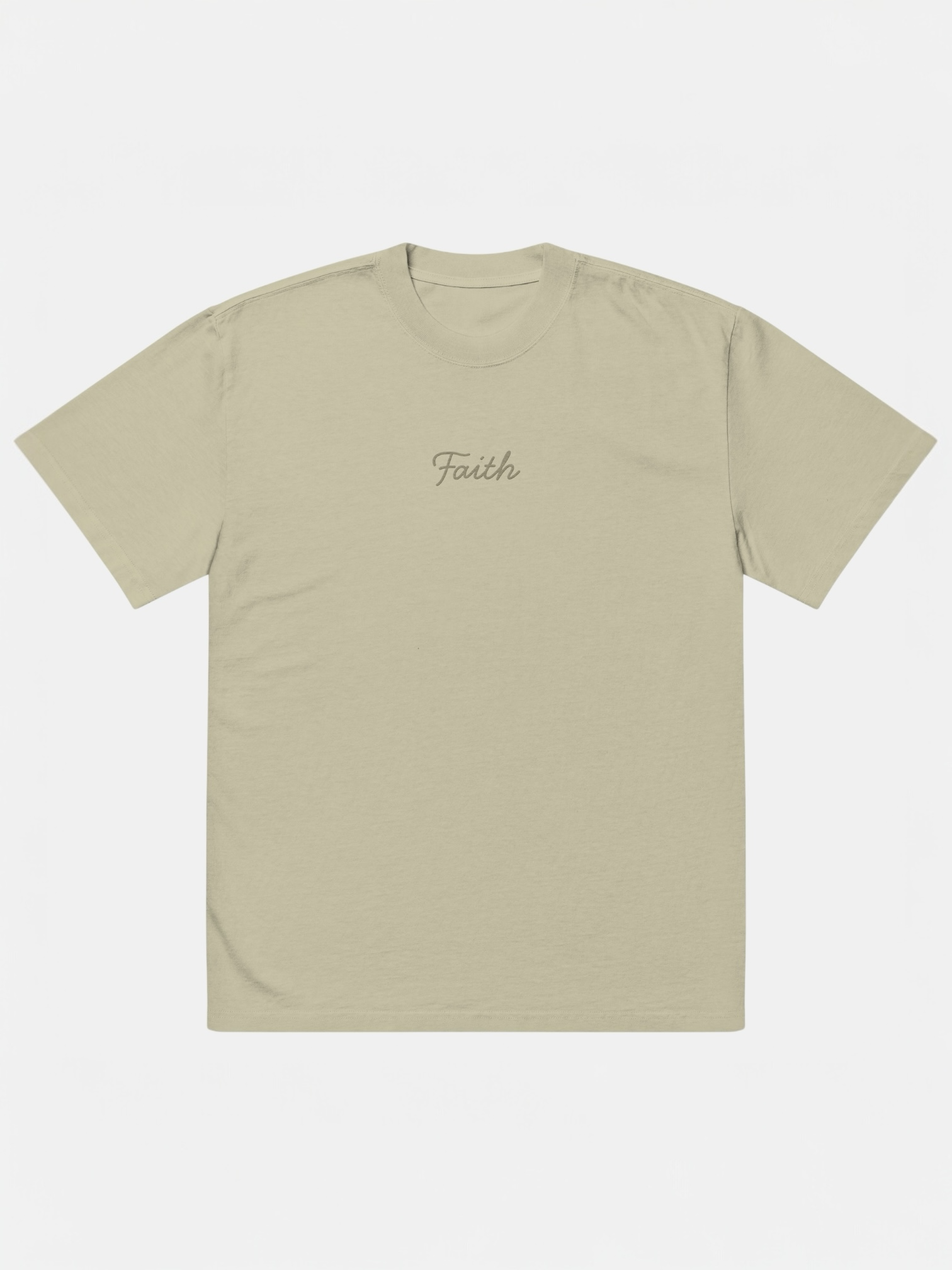 Beige t-shirt with 'Faith' embroidery on a white background