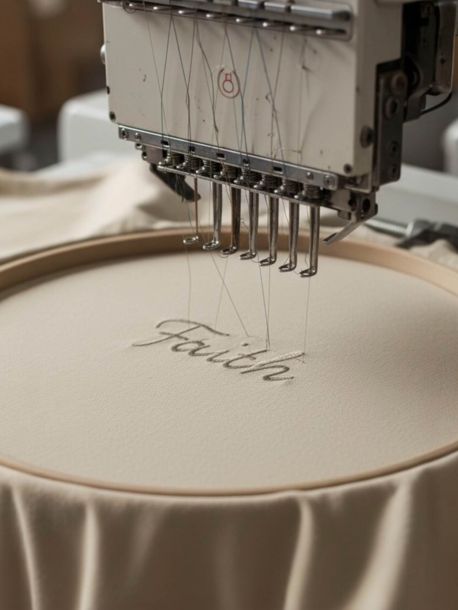 Embroidery machine stitching the word 'Faith' on fabric.
