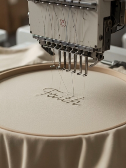 Embroidery machine stitching the word 'Faith' on fabric.