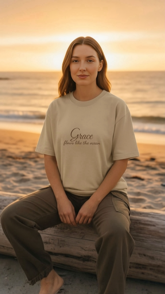 Woman sitting by the ocean wearing a beige “Grace flows like the ocean” tee at sunset.