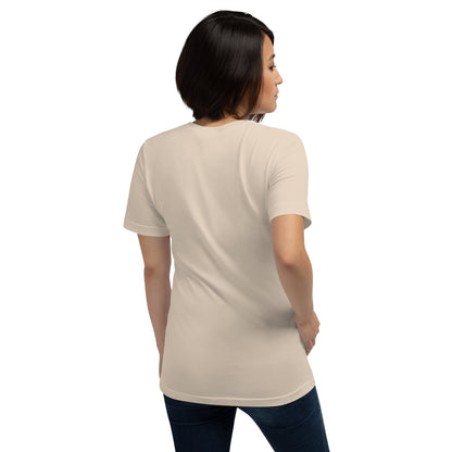 back view of woman wearing Pure Love beige tee with cross design — Holy Grace