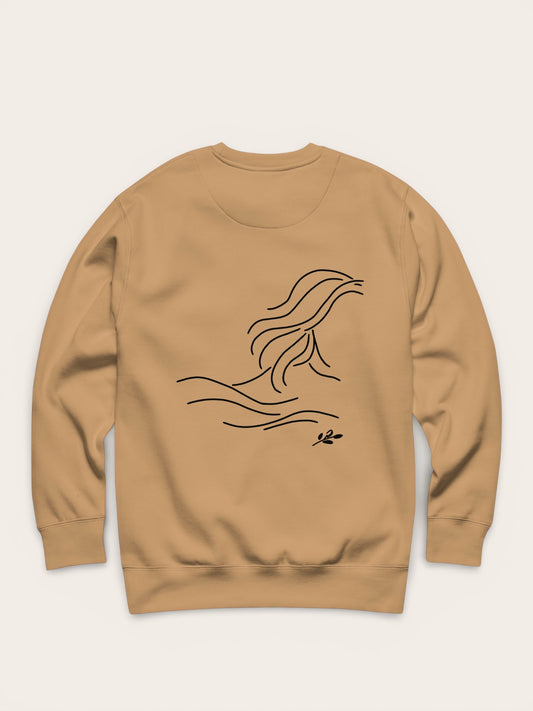 Beige sweatshirt with black abstract design on a beige background