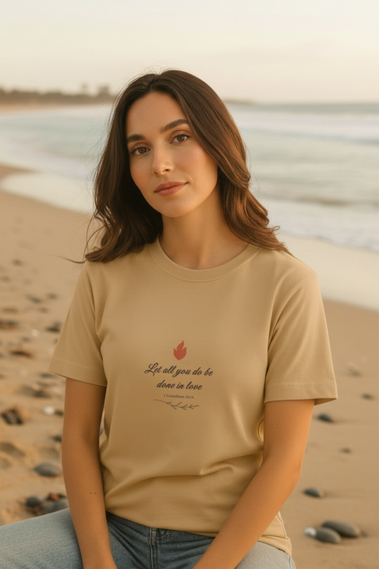 Woman wearing a beige Christian t-shirt with Done in Love design while sitting on the beach at sunset.