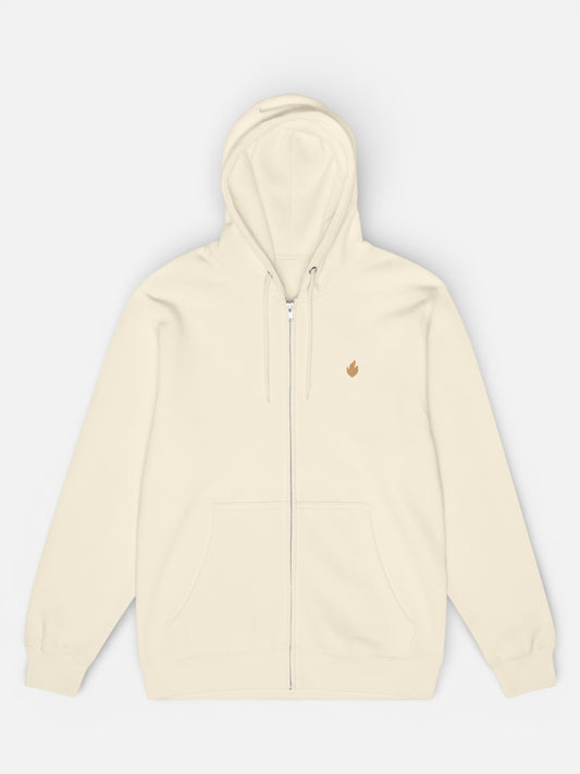 Beige hoodie with a small logo on a light gray background