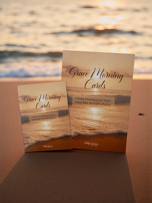 Grace Morning Cards displayed on the beach with ocean backdrop, faith-inspired printable affirmation cards with coastal, peaceful design.