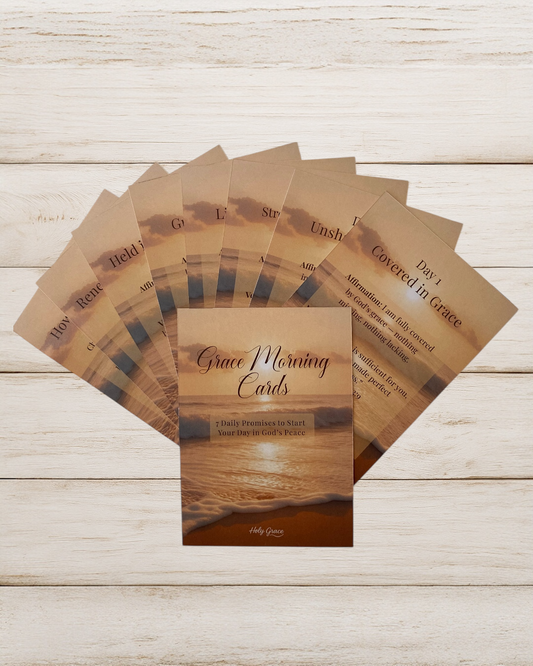 Grace Morning Cards displayed in a fan layout, printable Christian affirmation cards in warm ocean tones.