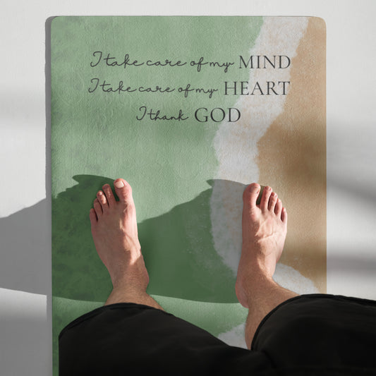 "Feet standing on Grace Flows yoga mat with scripture detail – Holy Grace"