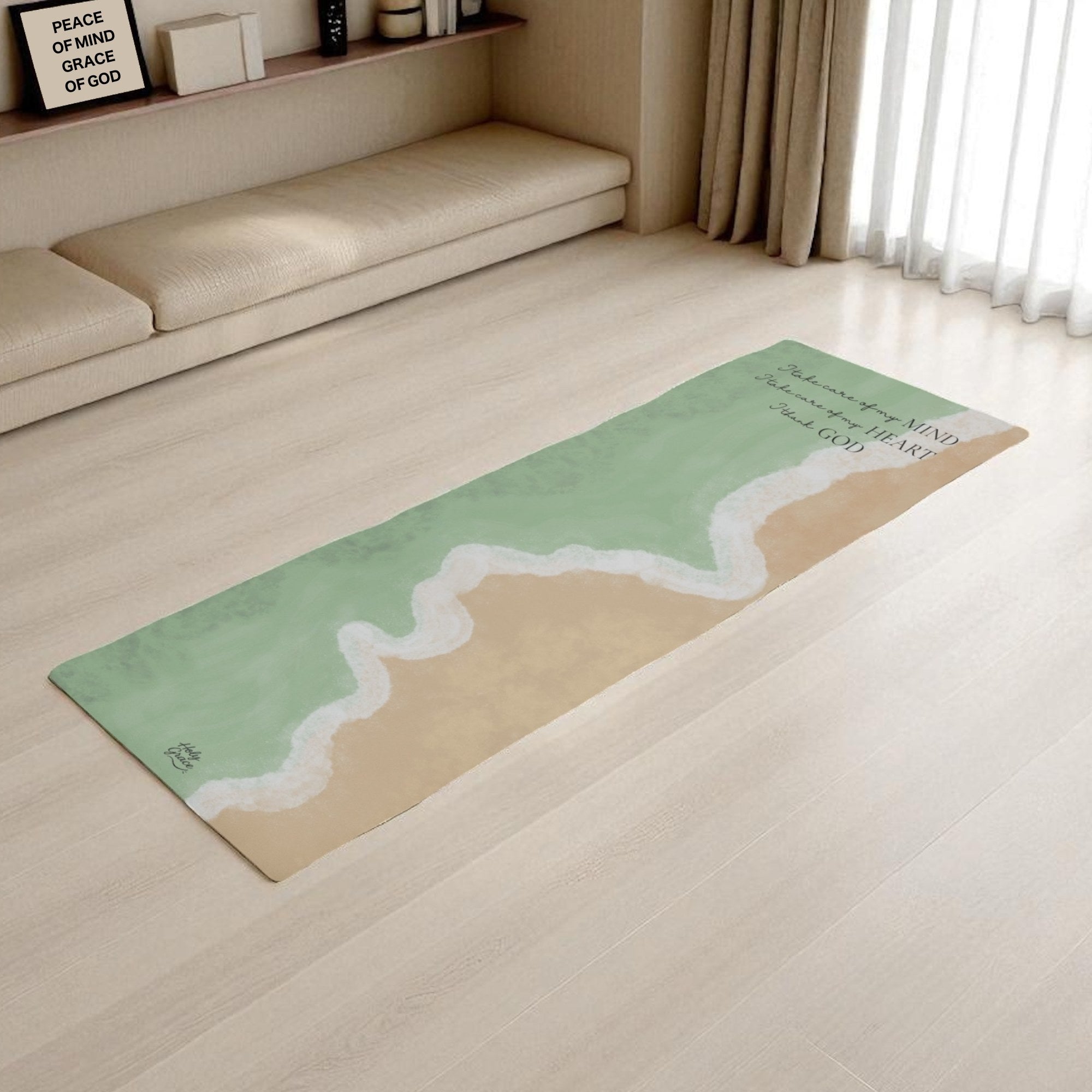 "Grace Flows yoga mat full view in living room – Holy Grace"